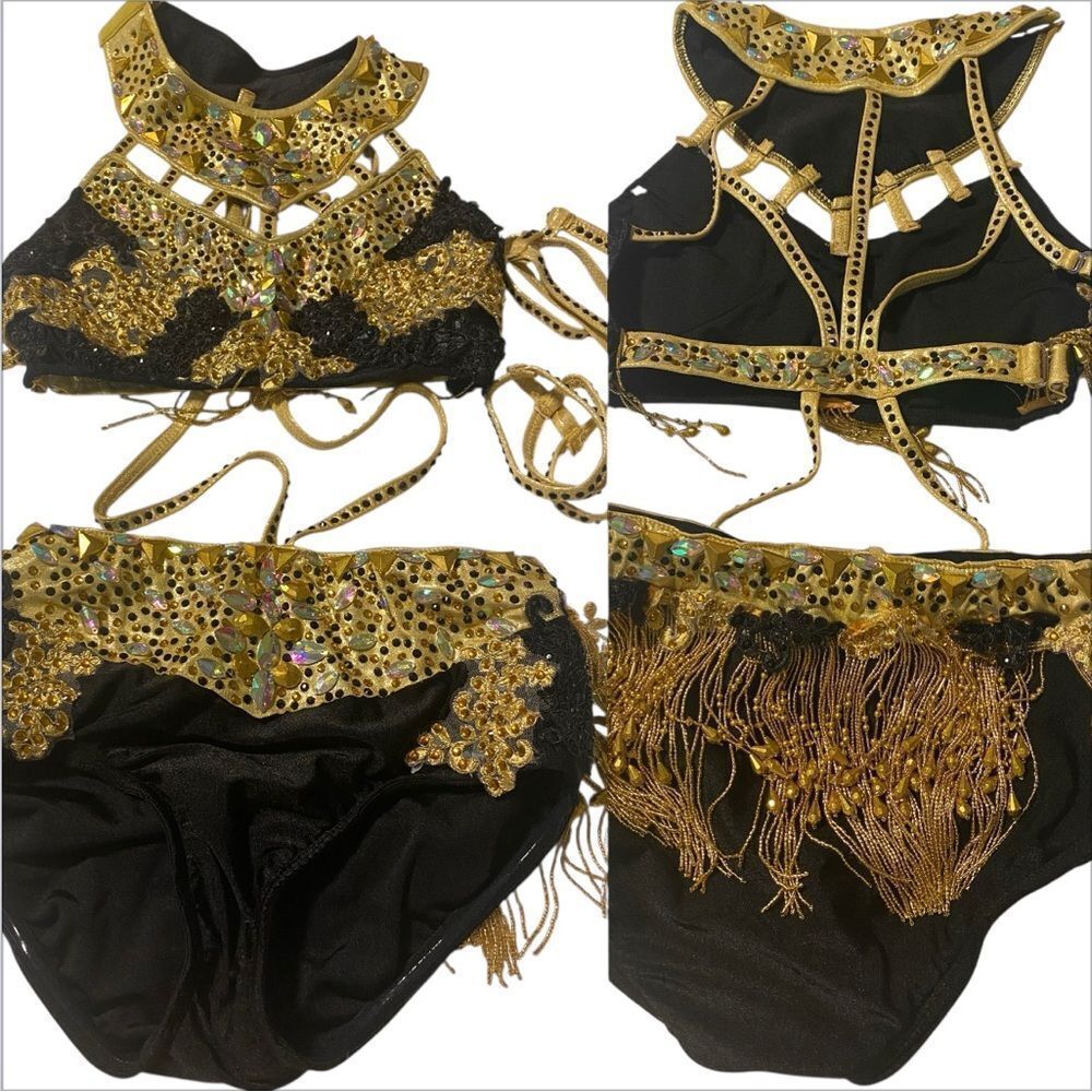 Glamour solo dance costume 2 piece style black gold greek goddess MA-Medium